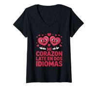 Donna Divertente Mi Corazon Late En Dos Idiomas Bilingue Maglietta con Collo a V