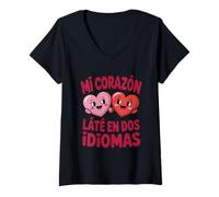 Donna Divertente Mi Corazon Late En Dos Idiomas Cuori bilingue Maglietta con Collo a V