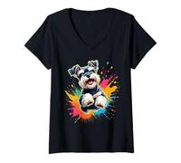 Donna Divertente Mini Schnauzer Cane Che Salta Design per Gli Amanti dello Schnauzer Maglietta con Collo a V