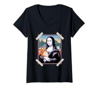 Donna Divertente Monna Lisa Amanti dei Gatti Arte Classica Parodia Gatto Pippo Maglietta con Collo a V