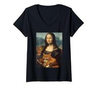 Donna Divertente Monna Lisa Holding Cat Meme Sarcastico Kitty Amante Maglietta con Collo a V