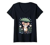 Donna Divertente Mouse Che Tiene Ombrello in Pioggia Capriccioso Maglietta con Collo a V