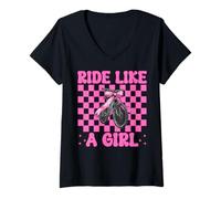 Donna Divertente MTB Mountain Bike Ragazza Mamma Ride Like A Girl Maglietta con Collo a V