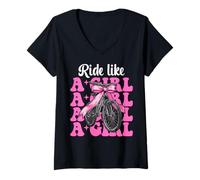 Donna Divertente MTB Mountain Bike Ragazza Mamma Ride Like A Girl Maglietta con Collo a V