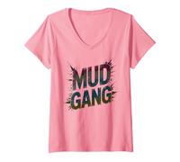 Donna Divertente Mud Gang Run Trail Muddy Squad Pink Mudder Sisters Maglietta con Collo a V