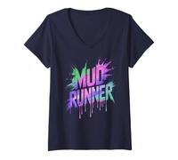 Donna Divertente Mud Runner Squad Mudding Run Queen My Mudded Running Mom Maglietta con Collo a V
