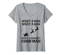 Donna Divertente Natale What A Naughty Good Man Santa Uomini Donne Maglietta con Collo a V