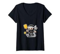 Donna Divertente Ninja Pickleball Giocatore Chibi Action Warrior Maglietta con Collo a V