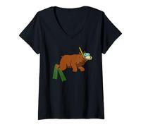 Donna Divertente Orso Snorkeling Cartone Animato Design Carino Animale subacqueo Maglietta con Collo a V