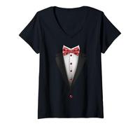 Donna Divertente Papillon da Tuxedo con Cuori Carini Maglietta con Collo a V