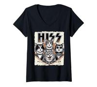 Donna Divertente Parodia di Gatti della Rock Band HISS con Lettere e Gatti miagolanti Maglietta con Collo a V