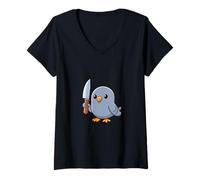 Donna Divertente Piccione Arrabbiato con Coltello - Simpatico Design a Forma di Uccellino Maglietta con Collo a V