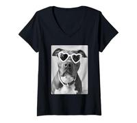 Donna Divertente Pitbull con Occhiali da Sole Carino Cane Meme Vibrazioni estive Maglietta con Collo a V