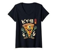 Donna Divertente Pizza Mostro Kawaii Anime Giapponese Amante del Cibo Maglietta con Collo a V