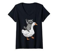 Donna Divertente Procione Equitazione Oca Musica Rock Vintage Stupido Animale Maglietta con Collo a V