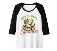 Donna Divertente ragazza selvaggia estate procione galleggiante e cocktail cartone animato Maglia con Maniche Raglan