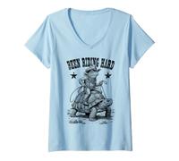 Donna Divertente Rana Cowboy Tartaruga Stato Cavalcando Difficile Selvaggio West Maglietta con Collo a V