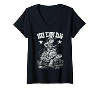 Donna Divertente Rana Cowboy Tartaruga Stato Cavalcando Difficile Selvaggio West Maglietta con Collo a V