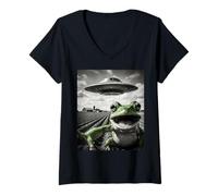 Donna Divertente Rana Selfie con UFO Alieno Disco Volante Toad Meme Maglietta con Collo a V