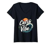 Donna Divertente Regalo con Citazione di Surf Catch The Vibe Maglietta con Collo a V