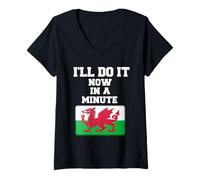 Donna Divertente regalo gallese con scritta in lingua inglese "I'll Do It Now in a Minute" Maglietta con Collo a V
