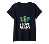 Donna Divertente Regalo per Appassionati di UFO I Love Aliens Maglietta con Collo a V