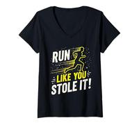 Donna Divertente Regalo per Corsa e Jogging, Citazione Run Like You Stole It Maglietta con Collo a V