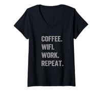 Donna Divertente Regalo WFH Coffee WiFi Work Repeat Remote Worker Maglietta con Collo a V