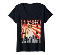 Donna Divertente Retro Giapponese Dogzilla Wire Fox Terrier Maglietta con Collo a V