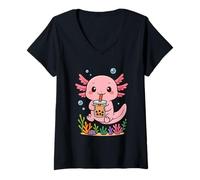 Donna Divertente Rosa Axolotl Bere Boba Tea Adorabile Kawaii Pet Maglietta con Collo a V