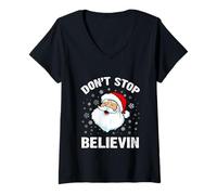 Donna Divertente Santa Faccia Sorridente t-Shirt Don't Stop Believing Santa Maglietta con Collo a V