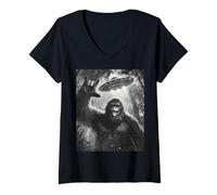 Donna Divertente Sasquatch Bigfoot Rock On Selfie con UFO Alien Saucer Maglietta con Collo a V