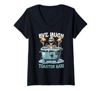 Donna Divertente scheletro con toast in mani Live Laugh Toaster Bath Maglietta con Collo a V