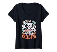 Donna Divertente Scheletro Fantasma di Halloween Skele-Tea Maglietta con Collo a V