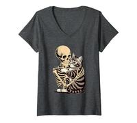 Donna Divertente Scheletro Gatto Abbraccio Halloween - Carino Spooky Kitty Costume Maglietta con Collo a V