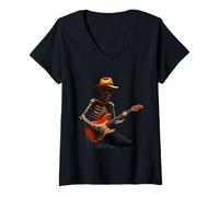 Donna Divertente scheletro grafico rock con chitarra Let's Rock Maglietta con Collo a V
