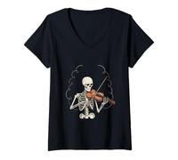 Donna Divertente Scheletro Grafico Rock con Chitarra Let's Rock Maglietta con Collo a V
