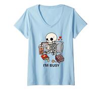 Donna Divertente Scheletro Im Occupato Boba Tea Snack Halloween Ragazzi Ragazze Maglietta con Collo a V