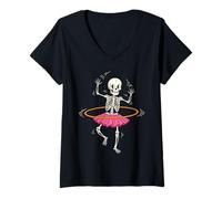 Donna Divertente scheletro in tutù Hula Hooping Halloween Dance Tee Maglietta con Collo a V