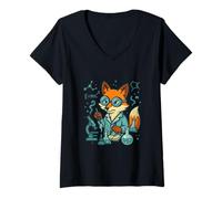 Donna Divertente Scienza Fox Chemist Lab Nerd Opera d'Arte Maglietta con Collo a V