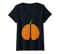 Donna Divertente Scuola Psicologo Halloween Camicia Zucca Cervello Maglietta con Collo a V