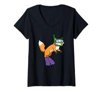 Donna Divertente Snorkeling Volpe Cartone Animato Design Carino Animale subacqueo Maglietta con Collo a V