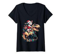 Donna Divertente Sphynx Cat Rides Babbo Natale T-Rex Vintage Sphynx Maglietta con Collo a V