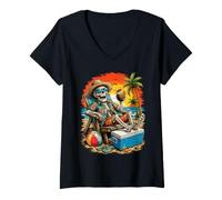 Donna Divertente Spiaggia Scheletro Tropicale Tramonto Vacanza Design Maglietta con Collo a V