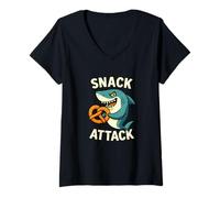Donna Divertente squalo Pretzel Snack Attack Grafica Maglietta con Collo a V