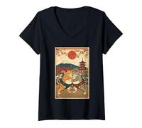 Donna Divertente Sumo Cats Wrestling Giapponese Ukiyo-e Vintage Art Maglietta con Collo a V