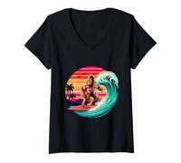 Donna Divertente Surf Sasquatch Tramonto Hawaiano Retro Tropical Vibes Maglietta con Collo a V
