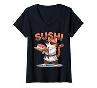 Donna Divertente Sushi Cat Chef Carino Anime Giapponese Bambini Ragazzi Ragazze Maglietta con Collo a V