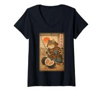 Donna Divertente Sushi Samurai Gatto Dojo Tramonto Ukiyo-e Manga Kanji Art Maglietta con Collo a V