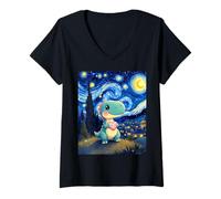 Donna Divertente T-Rex che tiene il cuore Van Gogh Style Design Maglietta con Collo a V